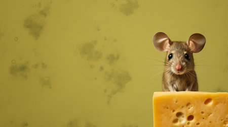 a mouse stands beside a piece of cheese on a minimalist background, reminiscent of the kitsch movement. this uhd image draws inspiration from artists such as charles spencelayh, joel robison, and lisette model, featuring a color palette of gray and amber. ai generatedの素材