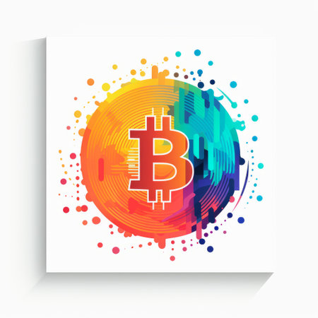 bitcoin multicolor abstract modern square wall art, featuring a textured design reminiscent of a logo. this vibrant piece showcases a flat and graphic style, with bold graphic design elements. the artwork is set against a clean white background on a shaped canvas, created using dye-transfer and watercolors techniques. ai generatedの素材