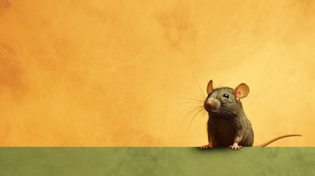 a black rat perches on an orange and white background, showcasing a minimalist style. the comical caricature of the rat adds a playful touch to the image. the flickr-inspired aesthetic is enhanced by the dark yellow and maroon hues. the textured background adds depth to the innovative page design. this captivating photo is available in 32k uhd resolution. ai generatedの素材