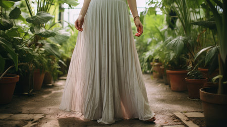 a girl in a white pleated dress stands in a garden, captured in the style of atmospheric color washes. the photo features a combination of light silver and dark beige tones, with a back button focus. the overall effect is exotic, with soft edges and blurred details, complemented by the light green surroundings. ai generatedの素材