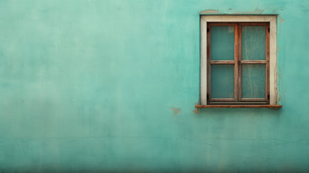 a painted wall with wood on windows, featuring a light teal color in the style of caras ionut. captured with a fujifilm xf 56mm f/1.2 r lens, this photo showcases minimalist backgrounds in light emerald and light brown. the eye-catching composition and vivid, saturated colors make this image truly captivating. ai generatedの素材
