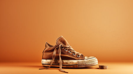 a brown sneaker and clunker with a jigsaw puzzle lying on top, showcasing decadent decay and a touch of vignetting. the photo features a combination of light orange and bronze tones, highlighting the frayed and minimalist aesthetic. the sneaker and clunker are made of trash, and the image has been digitally enhanced for added impact. ai generatedの素材
