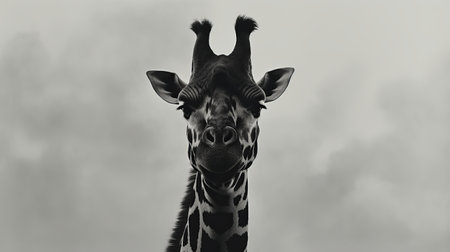 a black and white photo of a giraffe with hair, showcasing hyper-realistic portraiture in 8k resolution. this gloomy and minimalist image, rendered in cinema4d, captures the beauty of animals and people. the nature-inspired imagery adds depth and intrigue to this stunning photograph. ai generatedの素材
