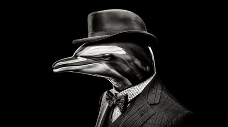 a silhouette of a man wearing a hat and suit, in the style of hyperrealistic animal portraits, made of liquid metal. the stark black and white photography captures the life-like avian illustrations, creating a pop-culture-infused image with precise nautical detail. this uhd image showcases the unique blend of artistry and realism. ai generatedの素材