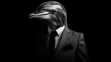 a man dressed as a dolphin walks about on a black background, showcasing a surrealistic portraiture style. the detailed monochrome and meticulous photorealistic still lifes create an elegant and emotive atmosphere. the absurdist installations and pigeoncore elements add a touch of uniqueness. the image is digitally manipulated, enhancing its artistic appeal. ai generatedの素材