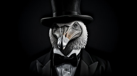 a bird wearing a top hat is depicted in a photorealistic portrait against a black background. the bird's head is positioned on a top shelf, creating a unique composition. the detailed costume and strong facial expression add to the overall impact of the image. this artwork combines elements of dystopian cartoon, dadaist photomontage, and dinopunk, resulting in a captivating and intriguing piece. ai generatedの素材