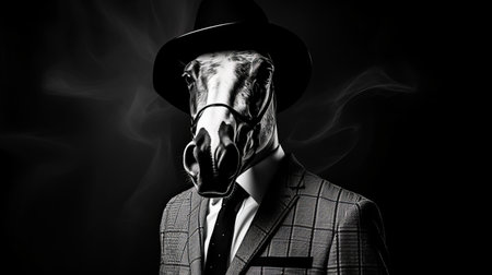 a man wearing a suit, tie, and hat is depicted in this surreal photo. the image combines elements of animal hybrids, creating a noir atmosphere. the realistic equine paintings add a unique touch to the monochrome portraits. the smokey background enhances the overall aesthetic. this 32k uhd photo showcases a stylish costume design. ai generatedの素材