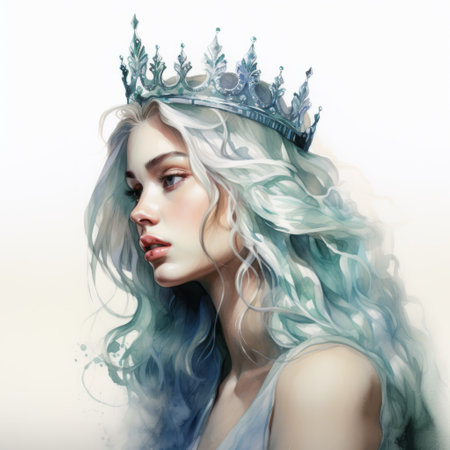 a hyper-realistic watercolor illustration featuring a girl wearing a crown. the artwork showcases a captivating blend of dark white and light aquamarine tones, creating a visually stunning effect. with intricate details and a realistic color palette, this 32k uhd painting brings mythical themes to life through beautifully painted character illustrations. ai generatedの素材