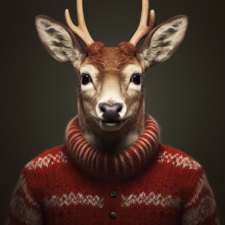 a deer wearing a cozy sweater and an adorable acorn hat is captured in this photorealist studio portrait. the image showcases intricate details, with a touch of vignetting, reminiscent of candid shots of famous figures. rendered in maya, the photo features a color palette of dark gray and red, creating a visually captivating composition. ai generatedの素材