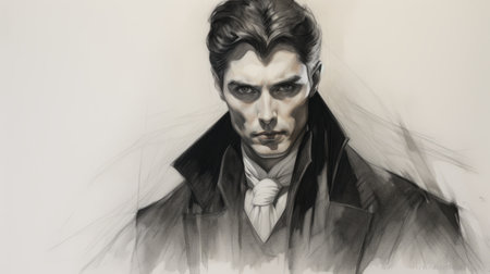 vampire fanart by yumi ink, a watercolour piece inspired by the dark and brooding style of steve henderson and albert edelfelt. this high-resolution artwork captures the essence of a vampire, reminiscent of the 19th-century tonalist movement. a captivating design that evokes a sense of mystery and intrigue, much like the iconic portrayal of pierce brosnan. ai generatedの素材