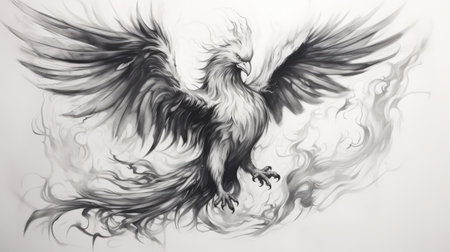 a black and white fire tattoo art is depicted in this image, resembling accurate ornithological paintings. the artwork is created on a monumental scale using ink wash technique, with a brunaille underpainting. the design features a manticore, rendered in light white and dark silver shades, showcasing eastern brushwork. ai generatedの素材