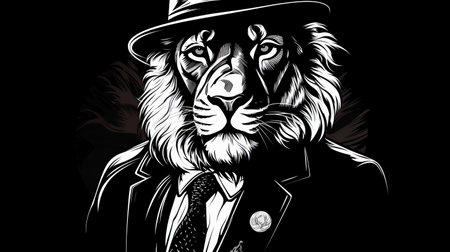 a lion wearing a suit and tie, depicted in a gothic illustration style. the image showcases high contrast compositions and chiaroscuro portraitures, reminiscent of the works of joseph beuys and historical illustrations. this high-resolution photograph captures the lion's streetwise style, creating a visually striking and captivating image. ai generatedの素材