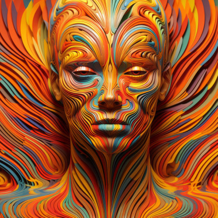 nicolas de fermous, the artist, showcases his talent through abstract fractal portraits. this particular artwork features a woman's face depicted in 3d, using bold and vibrant lines in shades of light gold and orange. the high-quality, uhd image captures the essence of the speedpainting technique, with a color splash effect and a mesmerizing pattern explosion. ai generatedの素材