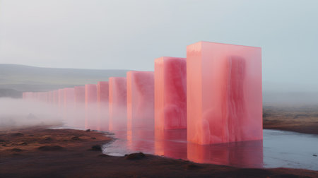 a field of pink square buildings, resembling translucent resin waves, captured in an image by scarlett hooft graafland. the vibrant and saturated pigment pools create a mesmerizing visual effect. the soft renderings and atmospheric light enhance the ethereal beauty of the scene. columns and totems add an intriguing element to this ultra-high-definition (uhd) photograph. ai generatedの素材