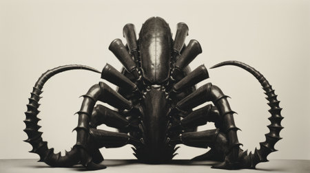 mike patrick's painting of an alien in his studio captivates viewers with its hyperrealistic marine life and minimal sculpture. the dark black and dark beige tones add a touch of mystery to the historical illustration, while the monumental forms and use of insects as materials create a unique and intriguing composition. the painting attracts multiple fans, showcasing the artist's talent in the wet plate ambrotypeの素材