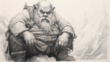 an old man sits near a mountaintop, showcasing inventive character designs. the close-up photograph captures the essence of large-scale figuration and realistic portrait drawings. the man's features are bulbous, adding to the overall impact of the gigantic scale. ai generatedの素材