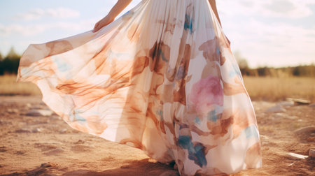 a woman in a floral dress gracefully walks through the desert, surrounded by soft edges and blurred details. the ethereal watercolor effect adds a touch of dreaminess to the scene, while the luxurious fabrics of her dress enhance her elegance. inspired by the gutai group, the selective focus highlights her presence against the sun-kissed palettes of the desert. hand-painted details complete the artistic composition. aiの素材