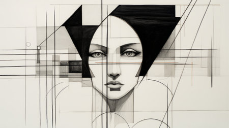 a black and white drawing captures a head-on view, showcasing luxurious geometry and cubist-inspired portraits. the artwork exhibits realistic hyper-detail, exuding timeless beauty. with its asymmetric balance, this city portrait is rendered in high resolution, allowing every intricate detail to shine through. ai generatedの素材