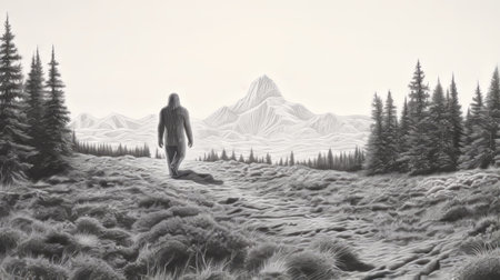 a person, dressed in black and white, is captured walking through a picturesque woodland. this photograph draws inspiration from renowned artists such as mark henson and kent monkman, known for their realistic graphite drawings. the image showcases mountainous vistas and layered landscapes, reminiscent of native american, first nations, and alaska native art. the composition evokes the grandeur of large-scale paintings. ai generatedの素材