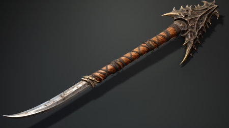 a hand-painted sword with a blade, showcased against a black background in the style of unreal engine 5. this sword draws inspiration from the northern and southern dynasties era, featuring intricate details and textural paint effects. the design incorporates elements of paleocore and hurufiyya art, with a notable use of diagonals throughout. ai generatedの素材
