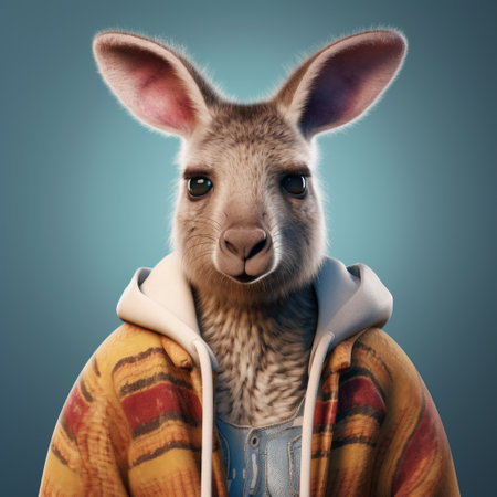 a 3d rendering of a kangaroo with large ears stands on a vibrant blue ground. this street style realism artwork showcases emotionally charged portraits and detailed costumes. the kangaroo's portrayal captures elements of firecore and normcore aesthetics, resulting in a charming character. this visually captivating image is reminiscent of the artistic style found on flickr. ai generatedの素材