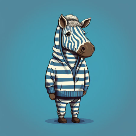 cartoon zebra in pajamas, featuring detailed character design with an ominous vibe. the illustration showcases a light indigo and white color scheme, incorporating farm security administration aesthetics. the zebra's horizontal stripes add to its unique appearance, while the illustration also incorporates elements of hip hop aesthetics. ai generatedの素材
