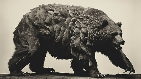 a black and white photograph captures a bear in the snow-covered mountains, showcasing the detailed feather rendering reminiscent of the dusseldorf school of photography. the image showcases a realistic and hyper-detailed rendering, with bold and dramatic forms. the sepia tone adds a touch of nostalgia, reminiscent of the mori kei style. ai generatedの素材