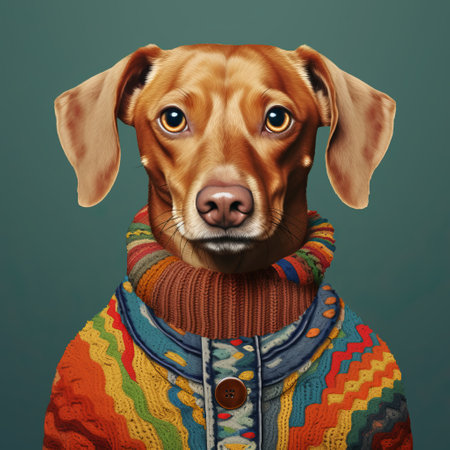 a brown dog wearing an outfit is captured in this image, showcasing a realistic hyper-detailed portrait style. the artwork by mike campau combines colorful melancholy with graphic illustration techniques. inspired by warmcore and esteban vicente, this photographically detailed portraiture captures the essence of the subject. ai generatedの素材