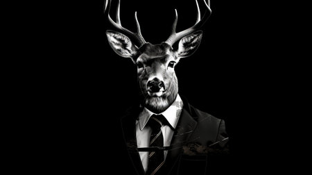 a deer wearing a suit and tie is depicted in this intense chiaroscuro portrait. the fashion-illustration style adds a unique touch to this matte photo, which is captured in high resolution and uhd image quality. the intricate black and white illustrations create a stunning wildlife muralism effect. ai generatedの素材