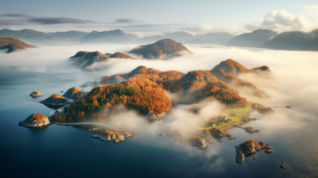 aerial image of a bog plateau in europe, captured in the style of japanese-style landscapes. the photo showcases the natural beauty of norwegian nature, enveloped in a dreamy fog. the composition is filled with vibrant orange and gold hues, creating a romantic and captivating atmosphere. this national geographic stock photo resembles a mesmerizing matte painting, depicting lively coastal landscapes. ai generatedの素材