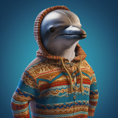 a dolphin wearing a sweater and hat, depicted in a photorealistic rendering style. this fiberpunk-inspired artwork was created using cinema4d, resulting in a lifelike and realistic portrayal. the intricate details and grid-based design showcase inventive character designs, while the inclusion of avian illustrations adds an extra touch of creativity. ai generatedの素材