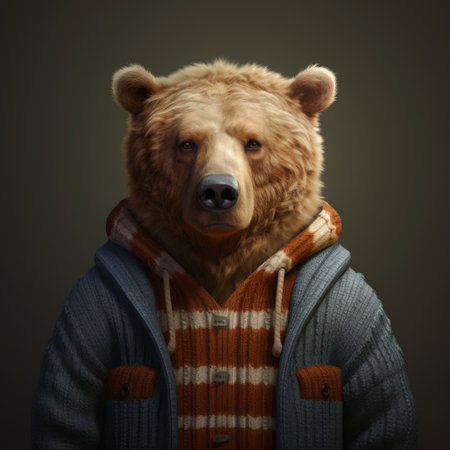 a bear wearing a sweater and a red scarf poses for a hyperrealistic portrait. this photograph showcases the intricate details of the bear's attire and the artist's inventive character design. the forestpunk-inspired setting adds a unique touch to the studio portrait, which is created using the grid-based technique in zbrush. ai generatedの素材