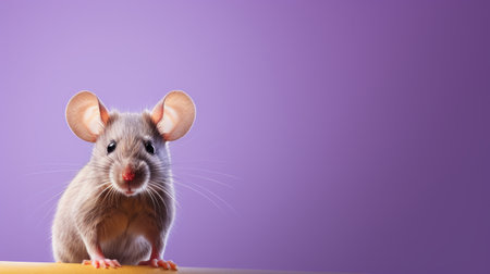 a cute little mouse captured in soft pink color, showcasing the unique style of ultraviolet photography. this high-resolution image, shot in 8k, features a hellish background with shades of purple and gray. the photograph was taken using the innovative techniques of tabletop photography, using the ferrania p30 film. ai generatedの素材