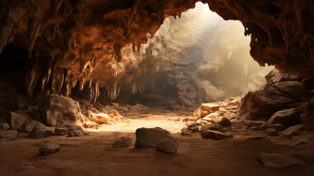 a picturesque cave nestled in the countryside showcases stunning moss-covered rock formations. the cave's light beige and light amber hues create a captivating ambiance, enhanced by the mesmerizing effects of ray tracing and lens flare. the interplay of light maroon and white adds depth to the expansive spaces within the cave. this australian landscape exudes a moody and atmospheric charm. ai generatedの素材