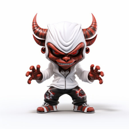 the cartoon character is depicted wearing white clothing and purple shoes, showcasing a devilcore style. the artwork is highly detailed, featuring a dark bronze and red color scheme. the character's design incorporates elements of gadgetpunk, bryce 3d, toyen, and raw energy, resulting in a visually striking image. ai generatedの素材