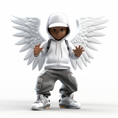 a group of small figures dressed in hip-hop style clothing and adorned with white wings are standing against a vibrant background. this artwork, created in the style of bryce 3d and inspired by artists such as arthur adams and john wilhelm, was commissioned for simeon solomon. discover this unique piece on flickr. ai generatedの素材