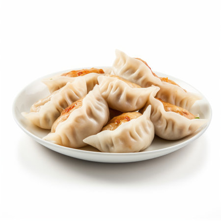 chinese dumplings, served on a pristine white plate, are beautifully presented alongside fresh vegetables. the photo captures the essence of chinese cuisine with its vibrant colors and intricate details. the use of a white background enhances the visual appeal, while the samyang af 14mm f2.8 rf lens adds a touch of professionalism. the light orange and gray tones create a harmonious atmosphere, reminiscent of northernの素材