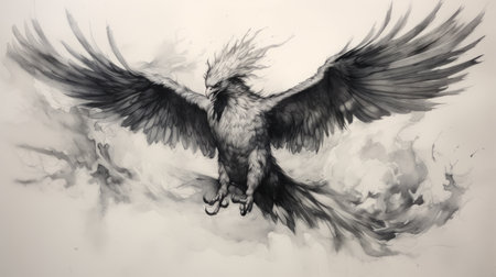 a black and white hyperrealistic fantasy drawing of a manticore, a mythical creature, soaring through expansive skies. the detailed character design showcases the intricate features of the manticore, while smudged lines and ink wash painting techniques add depth and texture to the artwork, reminiscent of realistic oil paintings. ai generatedの素材