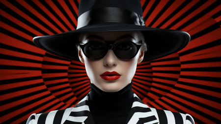 a woman sporting a black and white striped hat and sunglasses, exuding a futuristic retro vibe. the image showcases a captivating blend of dark black and red tones, accentuated by bold shadows. the composition features layered patterns, reminiscent of classic hollywood glamour, while the bold color combinations and sharp focus add an extra touch of allure. ai generatedの素材