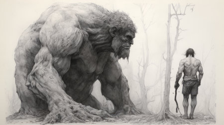 a giant creature, depicted in detailed graphite sketches, stands next to a man in this artwork inspired by the styles of aleksi briclot, casey baugh, and alex petruk. the scene captures a sense of awe and wonder, with the wilderness serving as a backdrop. the image is reminiscent of the konica big mini camera, capturing the essence of dusty piles and untamed beauty. ai generatedの素材