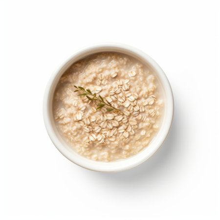 a bowl of oatmeal topped with a fresh rosemary sprig. this minimal retouching style photograph showcases the dish in 8k resolution, with softly blended hues and a high tonal range. the aerial view captures the beauty of the oatmeal, while the quadratura technique adds a unique dotted effect. ai generatedの素材