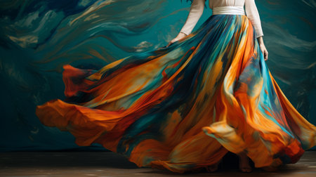 a colorful girl wearing a vibrant blue and orange skirt stands against a wall. the artwork showcases fluid dynamic brushwork, with luxurious drapery and a combination of dark green and amber tones. the scene evokes a sense of majesty, reminiscent of sweeping seascapes. the flowing fabrics are depicted through colorful washes, featuring shades of dark orange and turquoise. ai generatedの素材