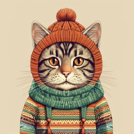 a cat wearing a sweater is depicted in this highly detailed illustration. the colorful portraiture showcases a combination of light maroon and light brown tones. the artwork incorporates celebrity and pop culture references, creating a cold and detached atmosphere. colorful stripes add a vibrant touch to the appropriated images. ai generatedの素材