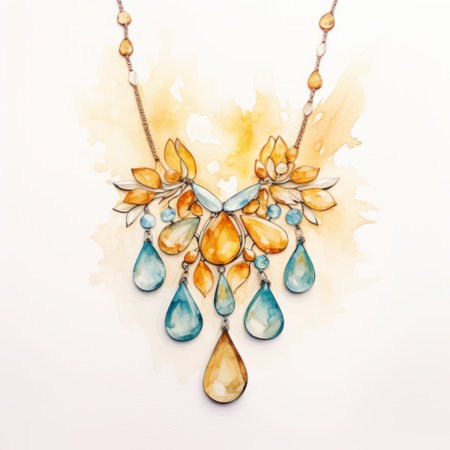 a watercolor jewelry design for necklace design inspirations. this handmade jewelry showcases a light sky-blue and amber color palette, with detailed background elements in dark yellow and beige. the design features water drops and high detailed crystals, creating a historical illustration. ai generatedの素材