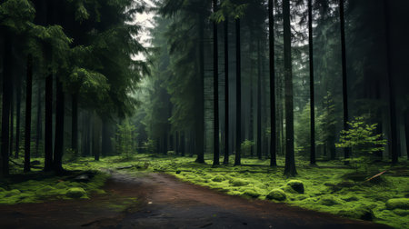 a dirt road winds its way through lush forests, capturing the atmospheric woodland imagery. this landscape photograph, taken with the zeiss batis 18mm f2.8 lens, showcases highly detailed environments adorned with dark green and emerald hues. the mystical creatures and landscapes of the wood add an enchanting touch to the scene. ai generatedの素材