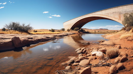 a concrete bridge stretching out for as far as the eye can see in the south africa desert. this photorealistic image captures the serene beauty of a river still, with a shallow depth of field and wide angle perspective. taken with a large format camera, the photo showcases the vastness and tranquility of the desert landscape. ai generatedの素材