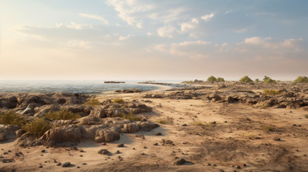a sunny beach scene with clouds in the style of abdel hadi al gazzar. this paleocore-inspired photograph captures delicately rendered landscapes in high resolution. the hazy atmosphere adds a nature-inspired touch to this national geographic photo. ai generatedの素材