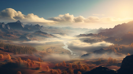 aerial photography of a fantasy valley landscape, captured in high definition. this desktop wallpaper features a soft and dreamy atmosphere, with a light gray and amber color palette. the style of the image is reminiscent of zeiss milvus 25mm f14 ze lens. the scene evokes a sense of atmospheric ambience, with hints of light cyan and amber tones. perfect for those who appreciate slovenian paintingsの素材