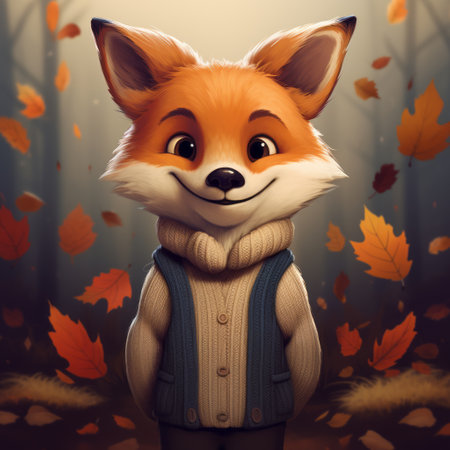 a cartoon fox stands in a forest, surrounded by falling leaves. the illustration showcases a unique blend of hyper-realistic portraits, heistcore, childlike illustrations, animated gifs, warm tones, subtle gradients, and hyper-realistic details. ai generatedの素材