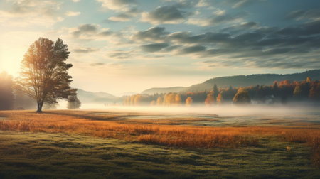 sunrise in the misty valley, captured in 8k resolution, showcases a charming and idyllic rural scene. the photograph, taken with a wollensak 127mm f47 ektar lens, beautifully portrays landscape realism. the warm color palettes, reminiscent of the hudson river school style, create a mesmerizing display of light turquoise and amber tones. ai generatedの素材